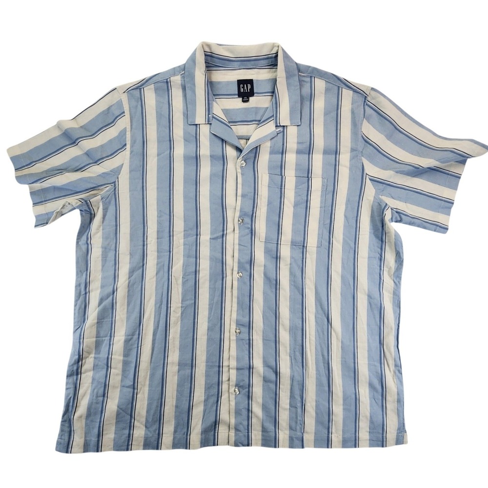 GAP Men XXL Blue Striped Linen Blend Short Sleeve Camp Summer Casual Shirt